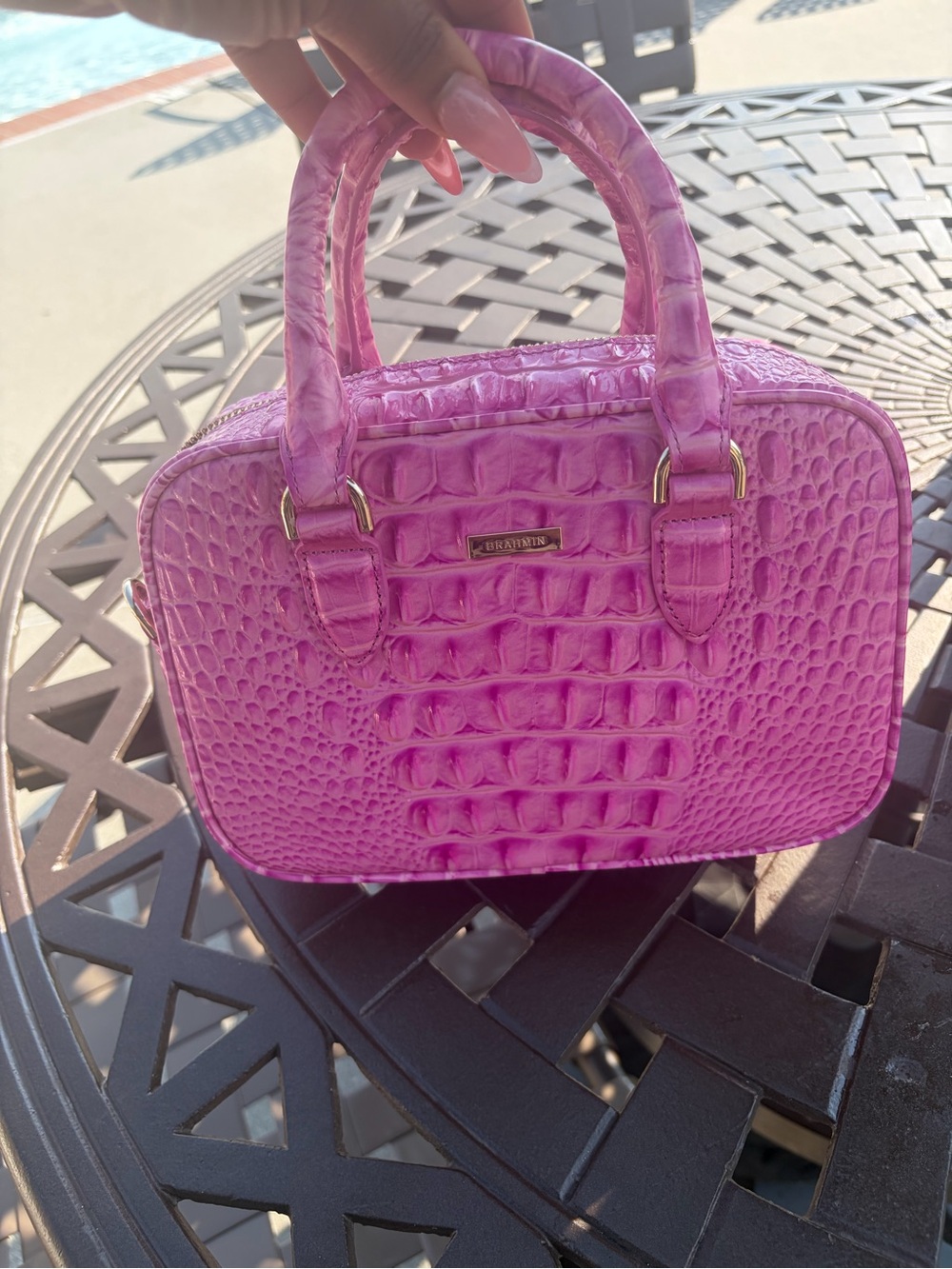 Brahmin Hot Pink Croc-Embossed Top Handle Satchel - Picture 1 of 5
